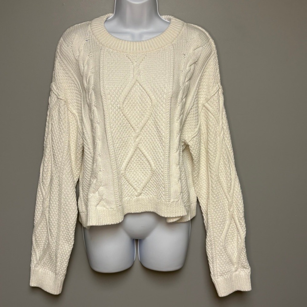 Quince Organic Cotton Ivory Cable Knit Fisherman Cropped Heavy Sweater Womens L